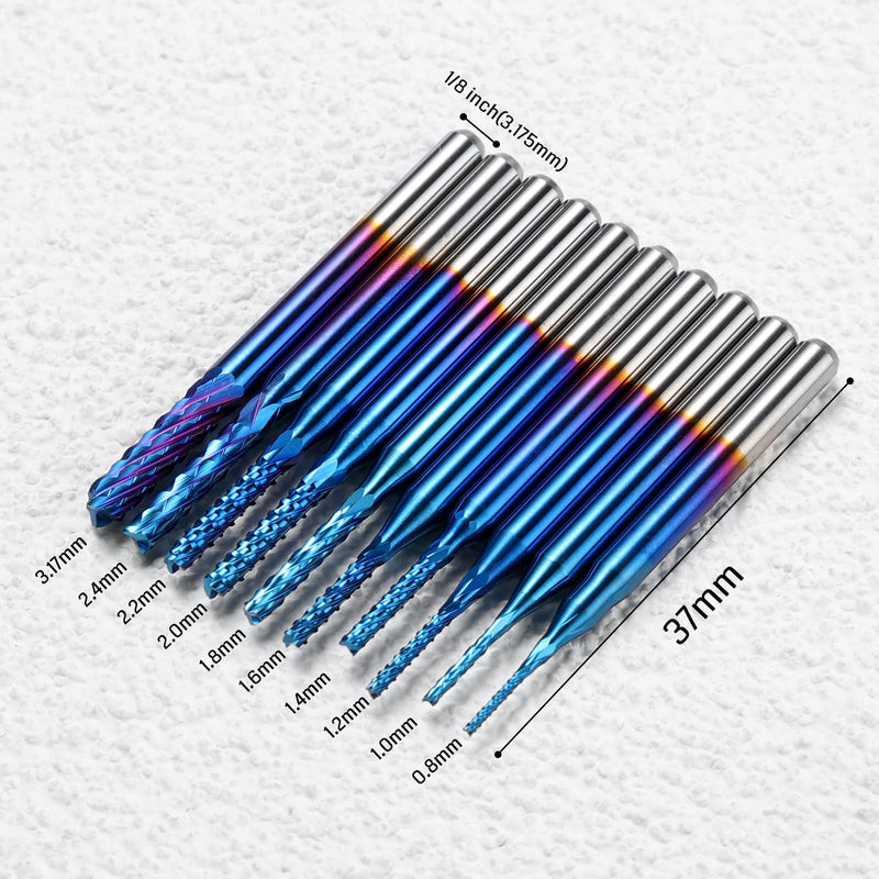 SainSmart Nano Blue Coat End Mill CNC Router Bits, 1/8 inches Shank, Pack of 10 0.8-3.0mm
