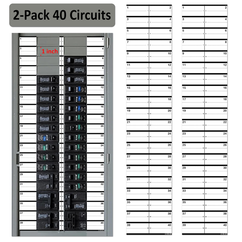 2 Pack 1" Breaker Side 40 Circuits Vinyl Fuse Box Circuit Breaker Panel Directory Labels Stickers Decals for All Electrical Panel/Load Centers Waterproof White 2 Pack