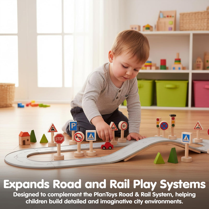 PlanToys® Traffic Signs & Lights Wooden Montessori Imaginative Play Set | Early Language, Social Skills and Real-World Awareness Activity | Eco Friendly Road Sign Learning Set for Meaningful Play