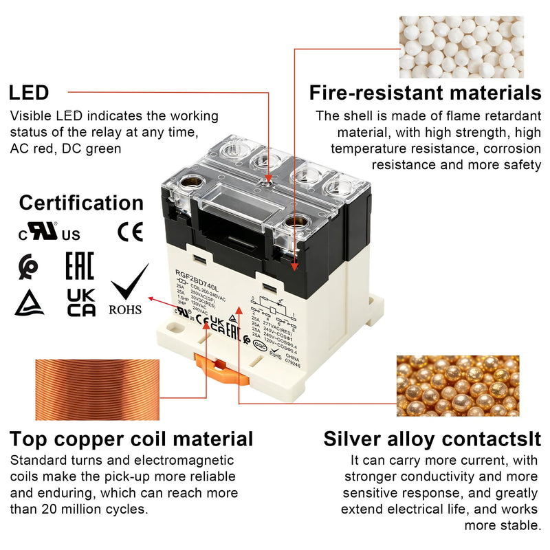[Australia - AusPower] - 2Pack General Purpose Relay, RGF2BD740L, 25A 200-240VAC Coil Voltage, 6Pin Double Pole Single Throw Normally Open Contacts, with LED Indicator Light and Protection Cover, 35mm DIN Rail Mount 2 AC 220V 