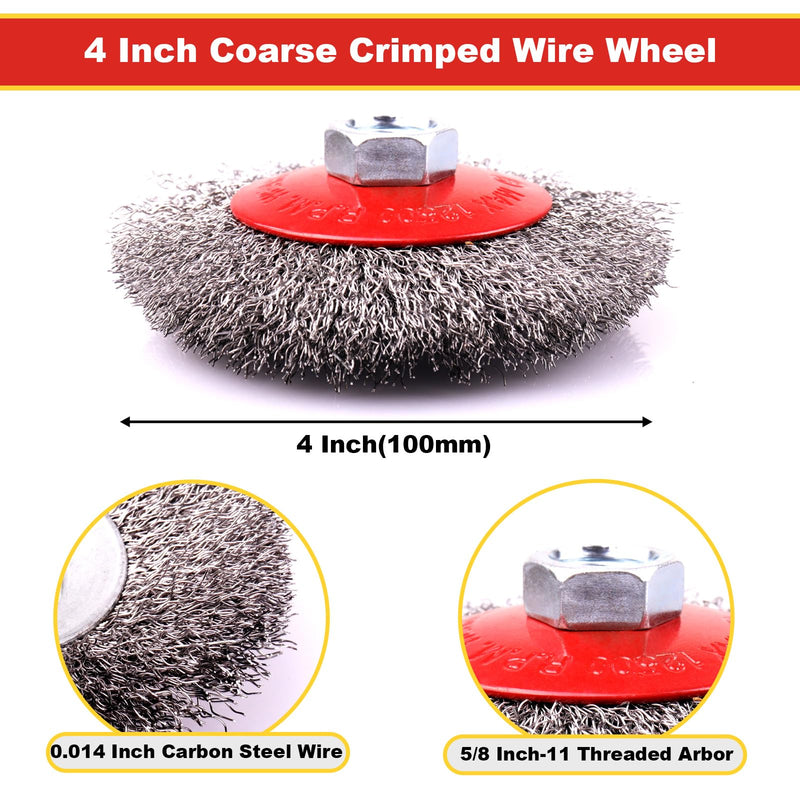 [Australia - AusPower] - 5 Pack 4 Inch Coarse Crimped Wire Wheel for 4 1/2 Angle Grinder,5/8 Inch-11 Threaded Arbor,0.014 Inch Carbon Steel Wire,Wire Brush for Rust,Corrosion,Paint Removal (5 Pack 4 Inch) 5 Pack 4 Inch 