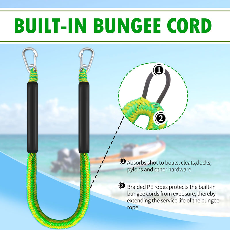 Bungee Dock Lines for Boats, Non-Sink Floating Rope with Double Hooks, Heavy Duty Boat Tie Downs for Dock for Pontoon Jet Ski (Green & Yellow, 4FT) Green & Yellow