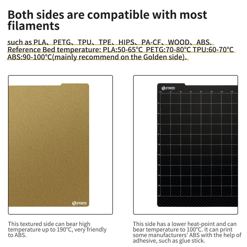 FYSETC Prusa Build Plate MK52 MK3S+ MK4 Spring Steel Surface: Textured PEI+ PET-CF Double-Sided Flexible PEI Sheet 253.8x241mm Hot Bed Cover for Filament PLA ABS for MK2 MK2.5 MK3 MK3S 3D Printer Textured+PET-CF Plate