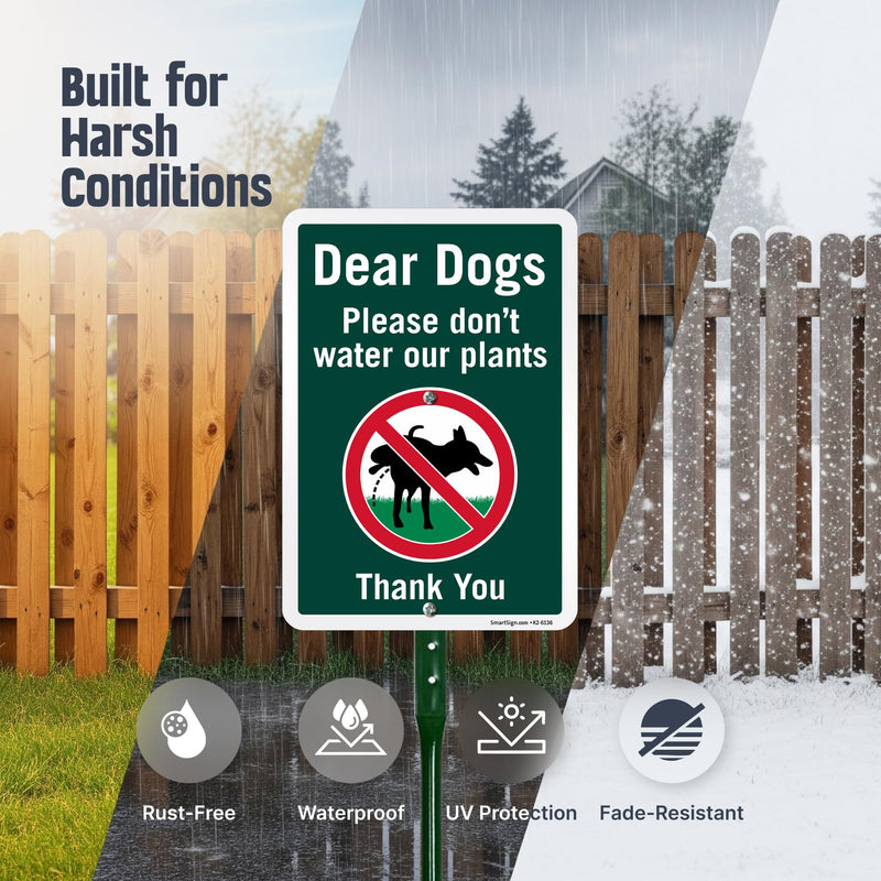 SmartSign 10 x 7 inch Dear Dogs Please Don't Water Our Plants Funny No Dog Pee sign for yard and 18 inch Stake Kit, 40 mil Laminated Rustproof Aluminum, Multicolor, Set of 1 Sign Kit