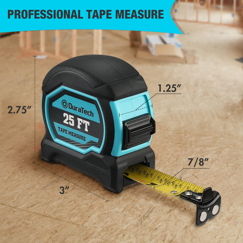 [Australia - AusPower] - DURATECH Magnetic Tape Measure 25FT with Fractions 1/8, Retractable Measuring Tape with Stubby Ratcheting Screwdriver, 12-in-1 Multi-bit Short Screw Drivers, Innovated Bits Quick-Load Mechanism 