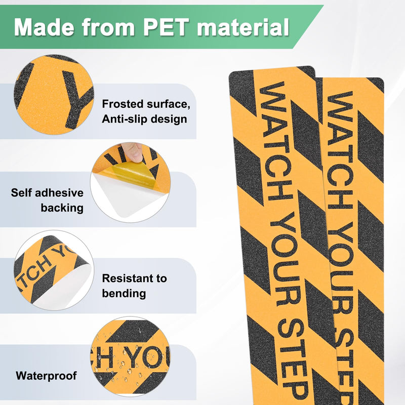 M METERXITY 2-Pack WATCH YOUR STEP Floor Decals Stickers 6 x 24 Inch Watch Your Step Sign Warning Sticker Self-Adhesive Anti Slip Abrasive Tape for Indoor/Outdoor Stairs Step[Yellow Black]