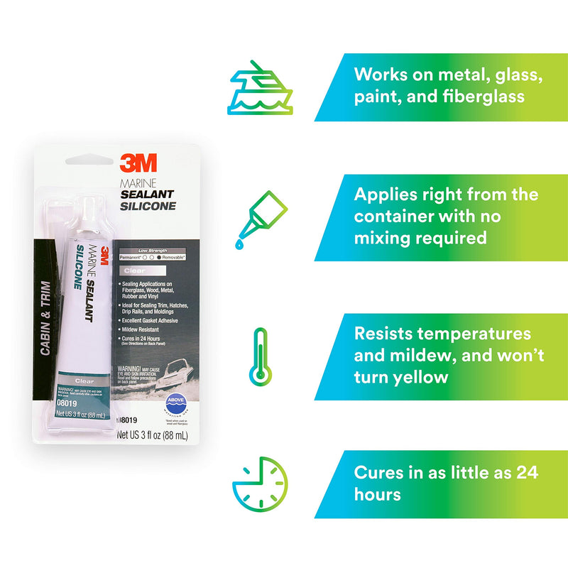 [Australia - AusPower] - 3M Marine Grade Silicone Sealant, 08019, For Boats and RVs, Above the Waterline Interior/Exterior Sealing, Clear, 3 fl oz Tube 