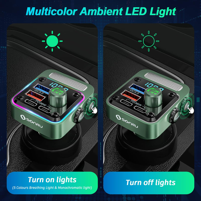 [Australia - AusPower] - Bluetooth 5.3 FM Transmitter Car Adapter - SONRU Car Charger 54W [PD 36W & QC3.0 18W], Wireless FM Radio Transmitter [HiFi Treble & Bass Player], 5 Colors LED Backlit, Hands-Free Calling, U-Disk FT1018-US 