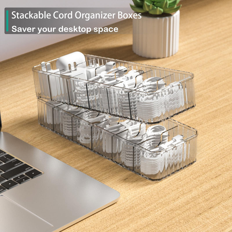 [Australia - AusPower] - Cable Storage Boxes Organizers 2 Pack,Cord Charger Storage Organizer Box Case with 20pcs Cable Ties,Stackable,Clear 
