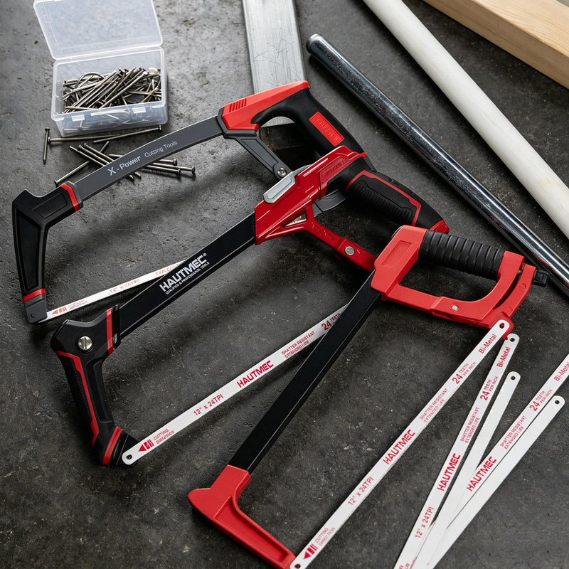 HAUTMEC 12" Fast High-Tension Hacksaw, Expert Metal Saw with 6 Bi-Metal Blades, Heavyweight Aluminum Frame, Ergonomic Non-Slip Handle, Blade Storage & Dual Cutting Angles (HTHSH25034) Expert Hacksaw