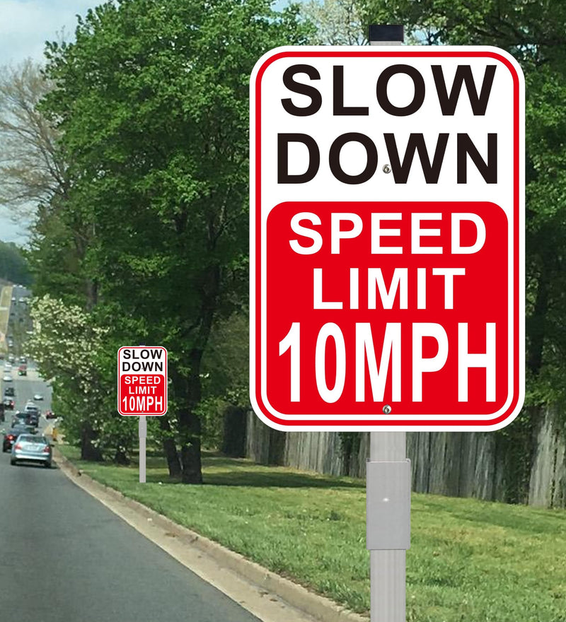 2Pack Slow Down Sign, Speed Limit 10MPH Sign with 36" Stakes, 14"×10" Reflective Aluminum, Fade Resistant/Waterproof, Including Screws, Easy to Install Speed 10 with stake