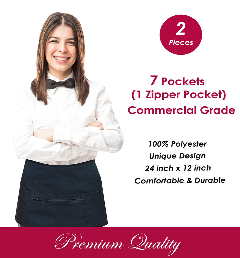 [Australia - AusPower] - 7 Pockets Server Aprons with Zipper Pocket (2 Pack) - Aprons for Women Men - Waiter Waitress Waist Half Apron 24x12 Black 