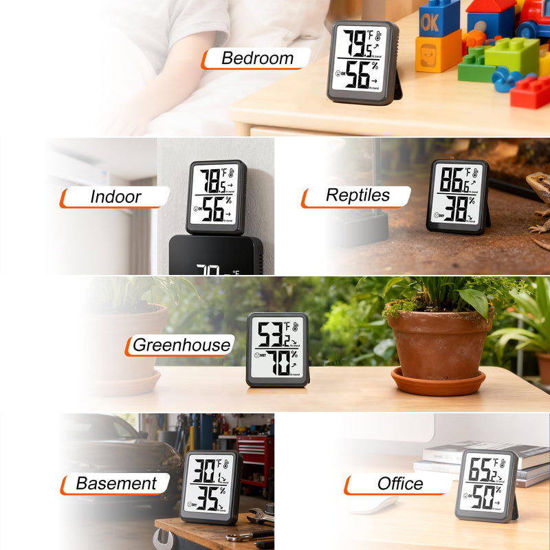 Room Thermometer Indoor Hygrometer Humidity Meter Gauge Digital Temperature and Humidity Sensor Monitor for Home Office House Pets Plants - AAA Battery Included Black - Upgraded Version 1 - Pack