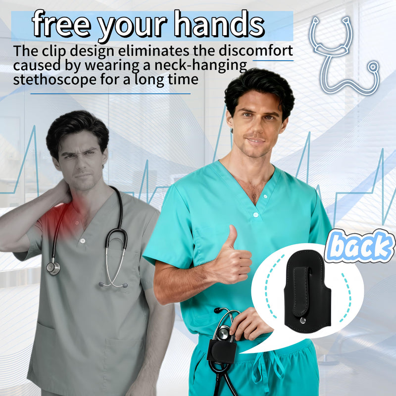 [Australia - AusPower] - Magnetic Stethoscope Holder Clips, Secure Hands-Free PU Leather Holster for Scrubs, Belts & Lab Coats - Portable Stethoscope Accessories for Nurses, Doctors, EMTs, Medical Students(Black) Black 