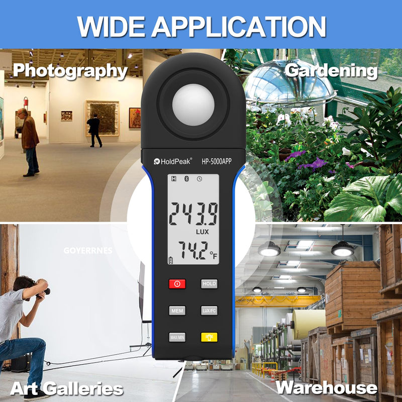 HoldPeak Illuminance Light Meter with Bluetooth, Digital Lux Foot Candles Meter 0.1~400,000 Lux with 270º Rotating Sensor, Lumen Meter Luxmeter for Plants, Car Headlights, Home & Office LEDs 5000APP-with APP Function