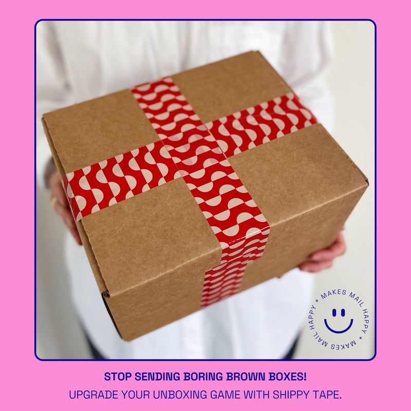 Printed Decorative Packing Tape for Small Business, Cute Designer Printed Packaging Tape, Shipping and Mailing, Red and Cream Geometric Wave Pattern, 1.88" x 110 Yards (330 feet) Geometric Wave Pattern - Cream/Red