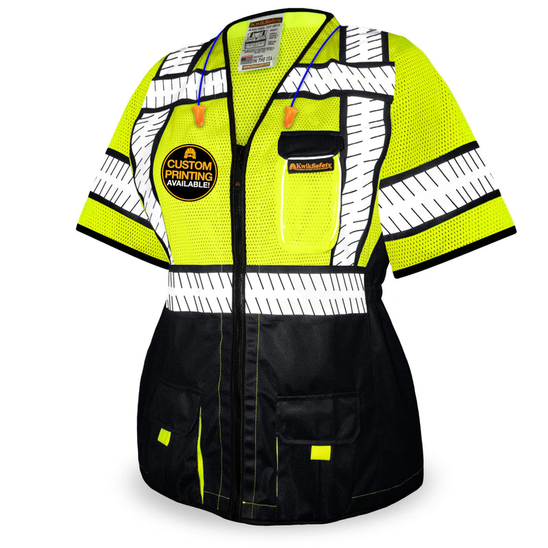 KwikSafety - Charlotte, NC - SPECIALIST Class 3 Safety Vest for Women [REFLECTIVE FISHBONE TAPE] ANSI Tested OSHA Compliant Hi Vis PPE Work Gear/Black 2XL