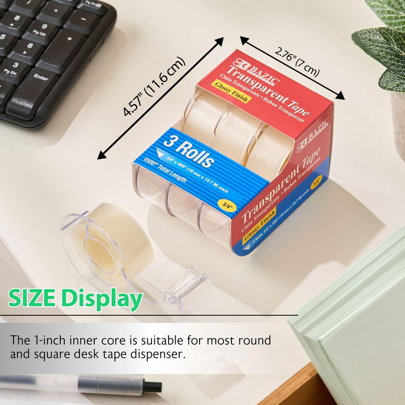 BAZIC PRODUCTS 3/4in x 500in Transparent Tape, 3 Count, for Office Home School, 2 Pack 2-Pack
