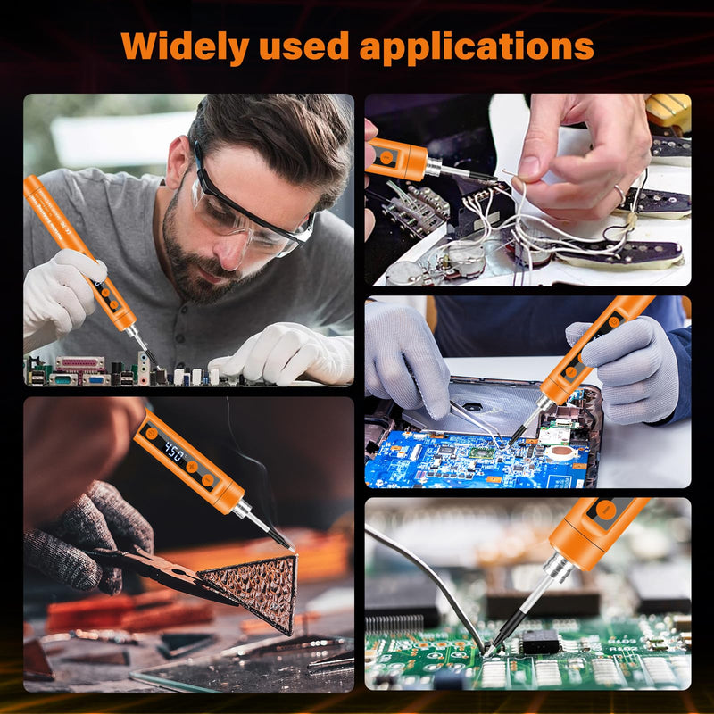Battery Soldering Iron Set with Stand, Portable Wireless Soldering Iron with LCD, Adjustable Temperature 180-450°C, 3 Soldering Tips, Suitable for Repair Circuit Boards, Welding Repairs - Orange
