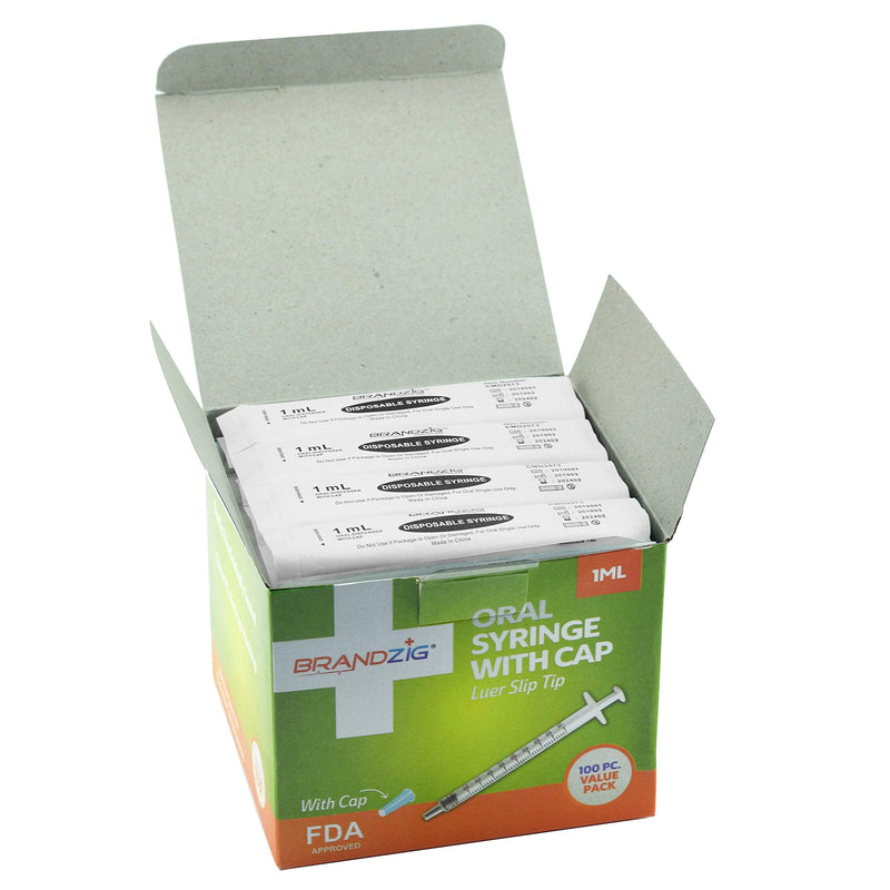[Australia - AusPower] - 1ml Syringe with Cap (100 Pack) | Oral Dispenser Without Needle, Luer Slip Tip, | Individually Wrapped Medicine Dropper for Infants & Pets 