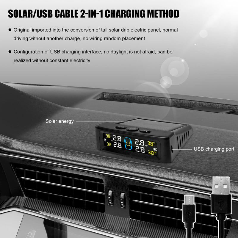 Tire Pressure Monitoring System, Tire Monitoring System with Solar & USB Charger, 4 External Sensors, 6 Alarm Modes, Auto On/Off Real-time LCD Display Tyre Pressure Monitor