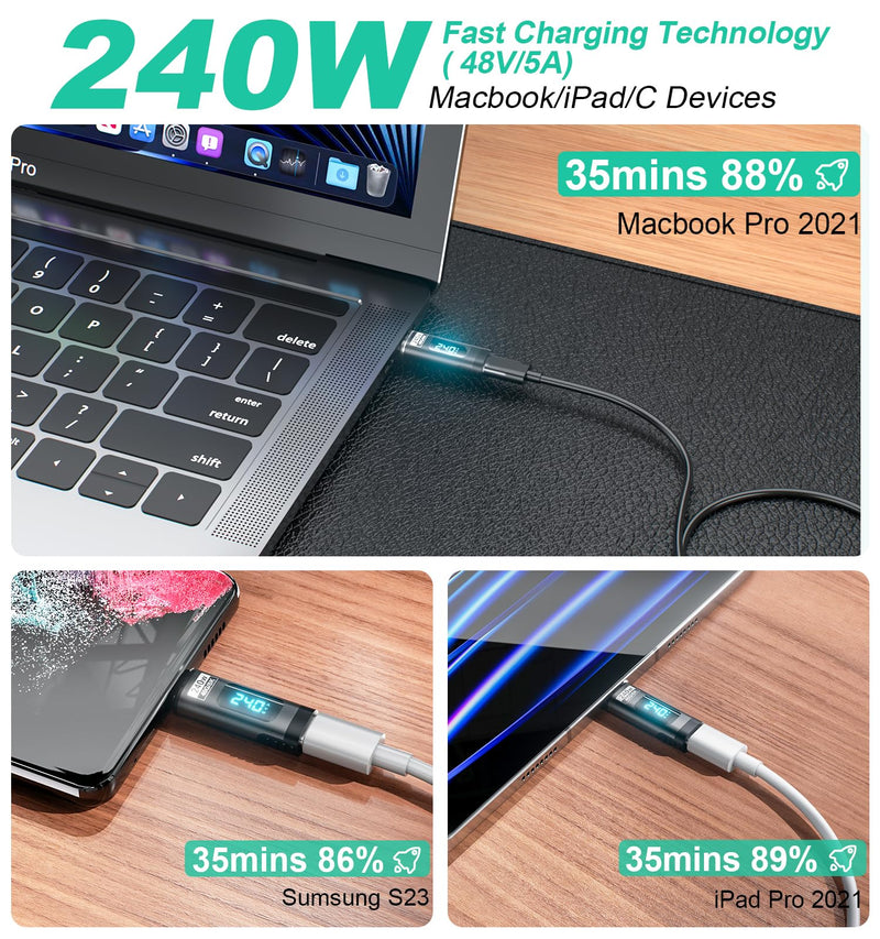 [Australia - AusPower] - 240W Digital Display USB C Magnetic Adapter 2Pack, 24Pin Straight USB C Power Meter Tester, Support Voltage, Current and Power Smart LED Display PD 240W, 40Gbps 8K 60Hz Video for 16/15, iPad, MacBook 