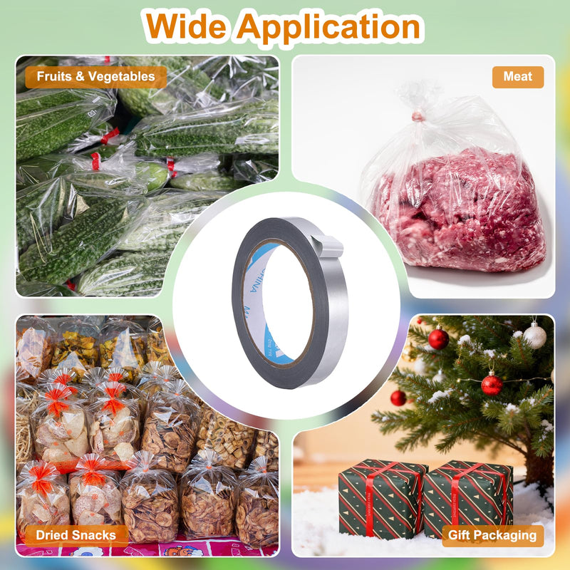 MECCANIXITY Poly Bag Sealing Tape, 9/16" x 100 Yard Plastic Bag Sealer Tape Packaging Sealing for Shops Packaging Food Vegetable Meat Cake Bread Freezer Ice, Silver 9/16" 1