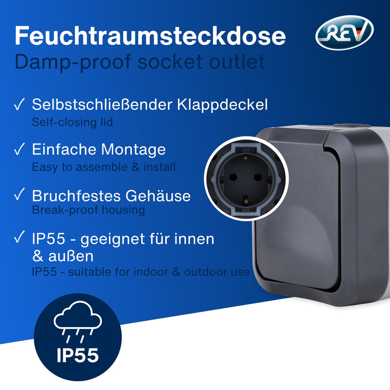 REV 0004030400 AquaStorm Socket for Wet Rooms, IP55 2-Pin, Surface-Mounted, Anthracite | Robust housing, two-pole, 230 V, 16 A, ideal for workshop, terrace and cellar 1 x socket