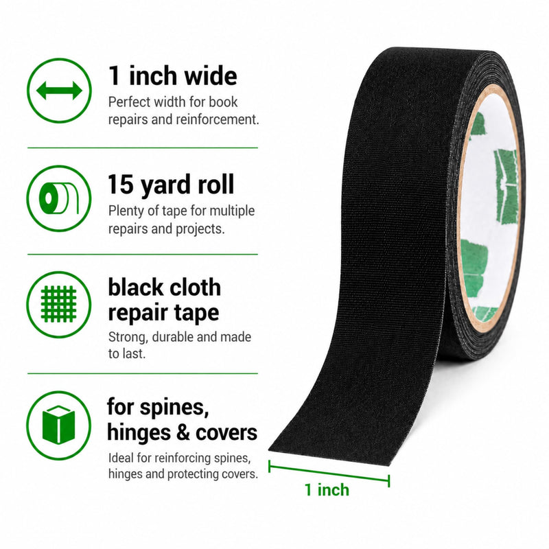 BookGuard 1 Inch Black Book Binding Tape, 15 Yard Book Repair Cloth Tape, Self-Adhesive Bookbinding Tape for Spines, Hinges, Covers, Bibles, Hymnals, Libraries and Schools 1" Wide