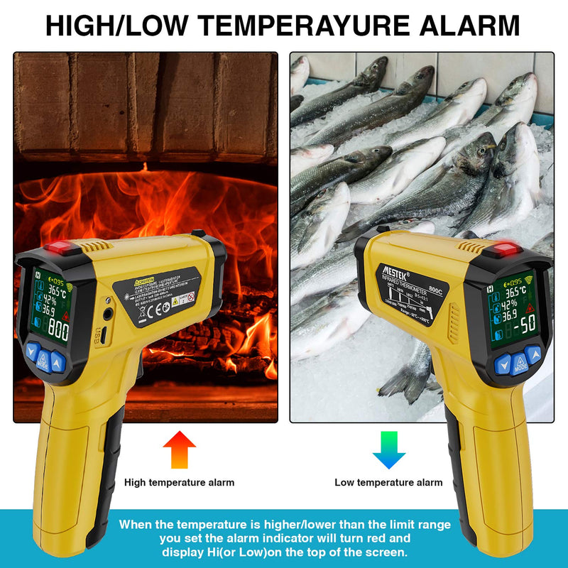 [Australia - AusPower] - MESTEK Digital Infrared Thermometer Pyrometer Laser with K-Probe -50 °C to 800 °C Non-Contact with Colour LCD Alarm Function Adjustable Emission Level Kitchen 