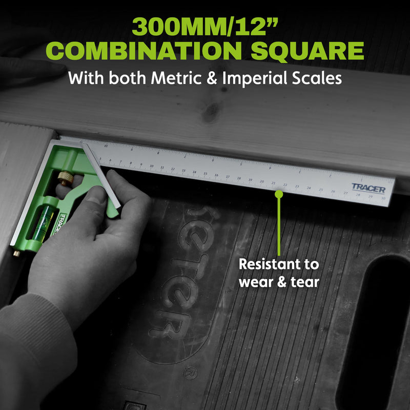 TRACER 12 Inch Combination Square with Level | Adjustable Square Tool for Woodworking Carpenter | Metric & Imperial Ruler Stainless Steel Combo Square | Escuadras de Carpintero | Built in Scribe Tool