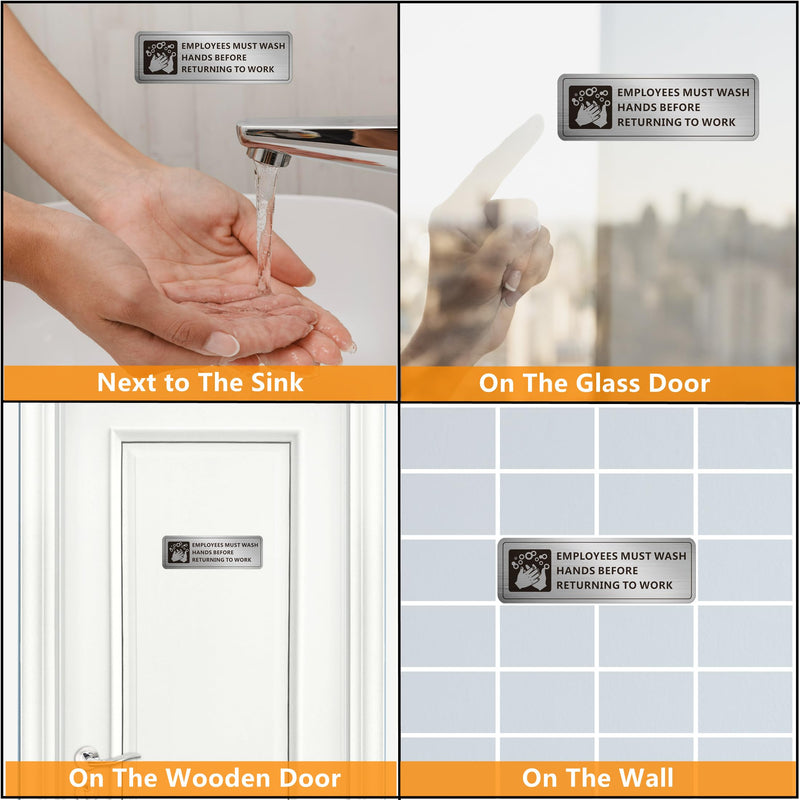 [Australia - AusPower] - Employees Must Wash Hands Sign, (2 Pack) Self-adhesive Metal Signage for Office Bathroom, 9 x 3 Inch Waterproof Aluminum Signs for Indoor Outdoor Use (Brushed Aluminum) 9" x 3" 2 Pack (Brushed Nickel) 