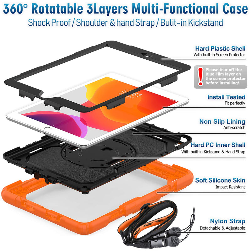 [Australia - AusPower] - Timecity Case for iPad 9th/ 8th/ 7th Generation 10.2 inch (Case for iPad 9/8/ 7 Gen): with Strong Protection, Screen Protector, Hand/Shoulder Strap, Rotating Stand, Pencil Holder - Orange Black+Orange 