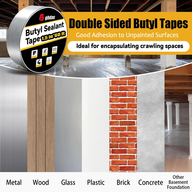 Bghdas - 1 Pack Butyl Sealant Tape 1 1/2" X 60' - Double Sided - Black Vapor Barrier Butyl Tape for Wall of Crawl Space, Rv Windows, Deck Boat, Crawlspace (Waterproof, Weatherproof) 1.5