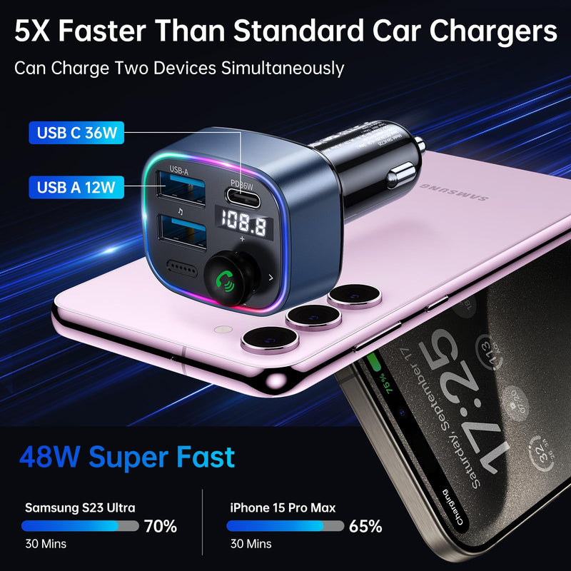 [Australia - AusPower] - Syncwire Bluetooth 5.3 FM Transmitter Car Adapter 48W(PD 36W & 12W) [Light Switch] [Hi-Fi Deep Bass] [Fast Charging] Wireless Radio Music Adapter LED Display Hands-Free Calling Support USB Drive Dark Blue 