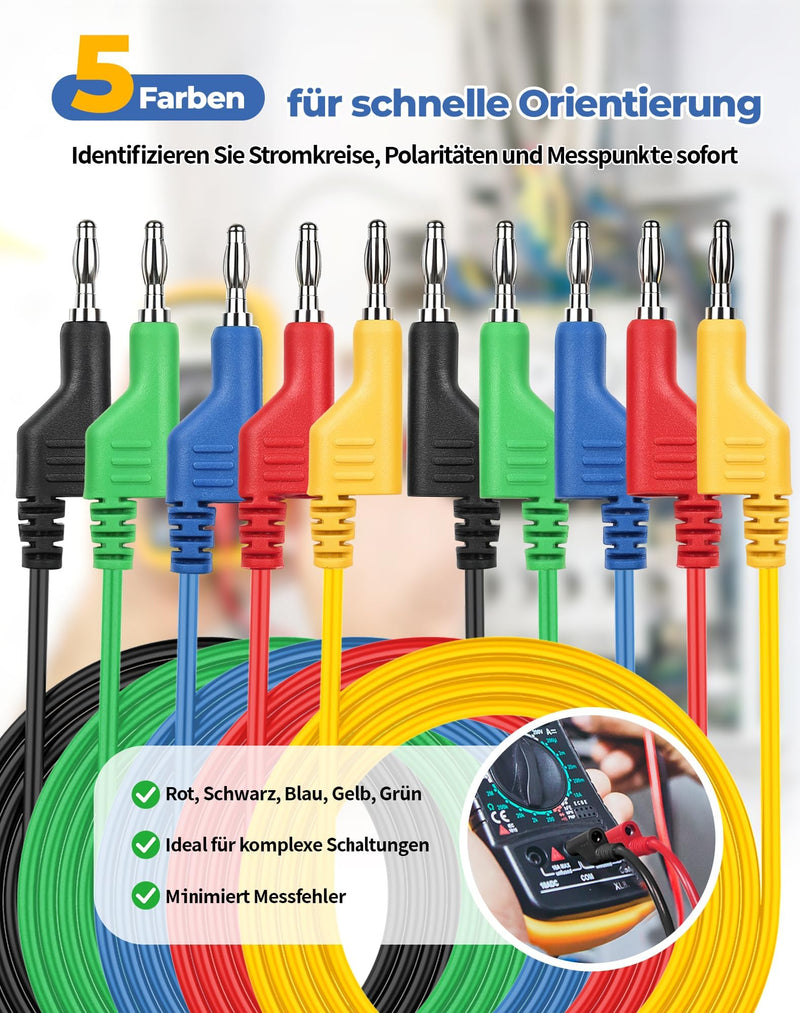 Multimeter Test Leads Banana Plugs Alligator Clips Set 5 Colors 105cm | Test Leads Banana Plugs + 10 Clips Silicone Cable Test Cables for Multimeters, Automotive Electrical Appliances, Laboratory & Testing, Multicolor