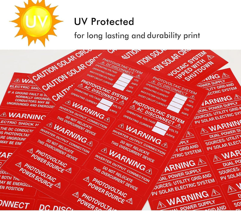 62-Pack Solar PV System Label Kit - Code 2020/2023 Compliant Photovoltaic Stickers - UV Resistant & Reflective Vinyl - Complete Solar Warning Labels for Installers, Inspectors & Homeowners