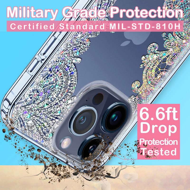 [Australia - AusPower] - Coolwee Anti Yellowing Clear Glitter for Apple iPhone 15 Pro Max Case Floral, 6.7 inch, 6.6ft Military Grade Protective Cute Mandala Crystal Bling Lace Slim TPU with Camera & Screen Protector Clear Glitter Lace 