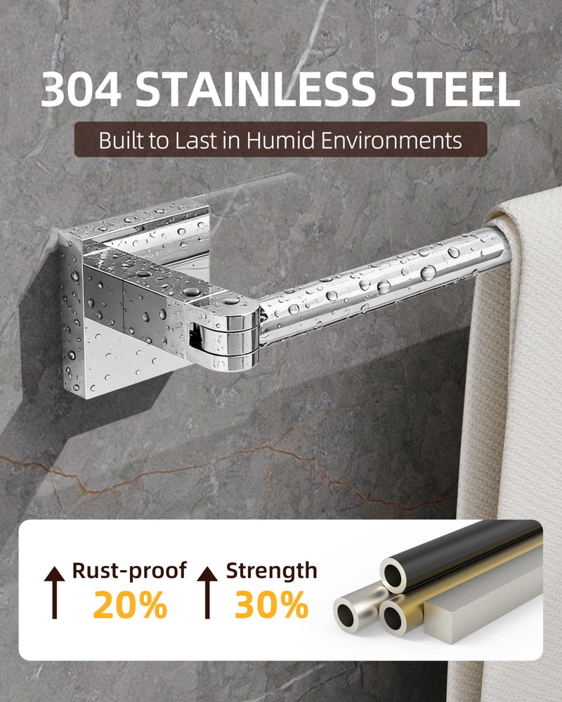 Ruacq Adjustable Towel Bar 15.8 Inch–26 Inch, Adhesive Towel Racks for Bathroom Wall Mounted, Stainless Steel Bathroom Towel Rack for Shower, Towel Rod with Square Base (Chrome) Chrome