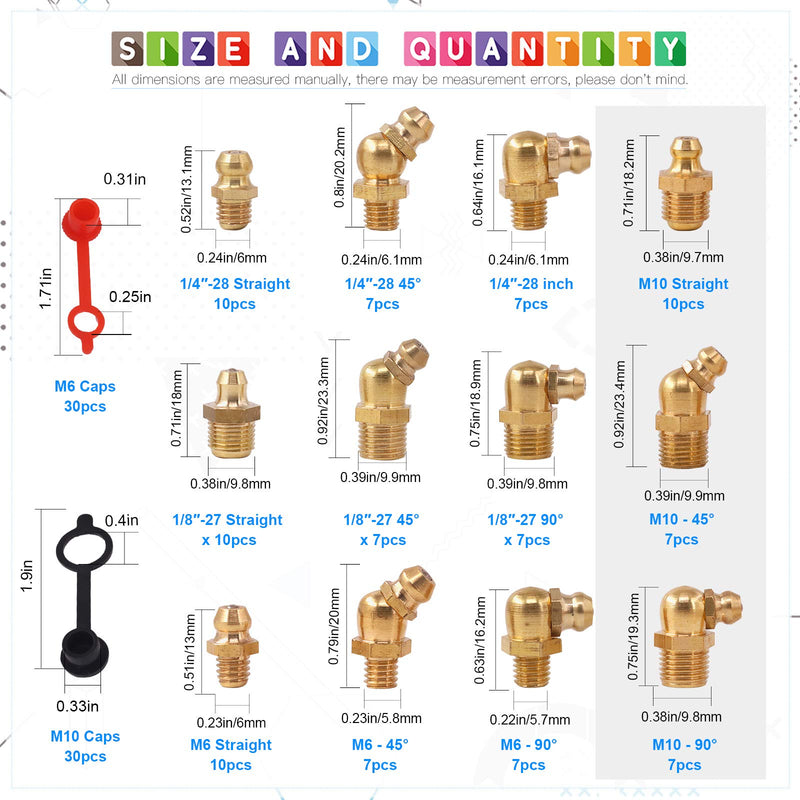 [Australia - AusPower] - Glarks 156Pcs Metric & SAE Straight and 45 Degree and 90 Degree Hydraulic Grease Brass Zerk Grease Nipple Fitting with 60Pcs M6 M10 Caps Assortment Kit 