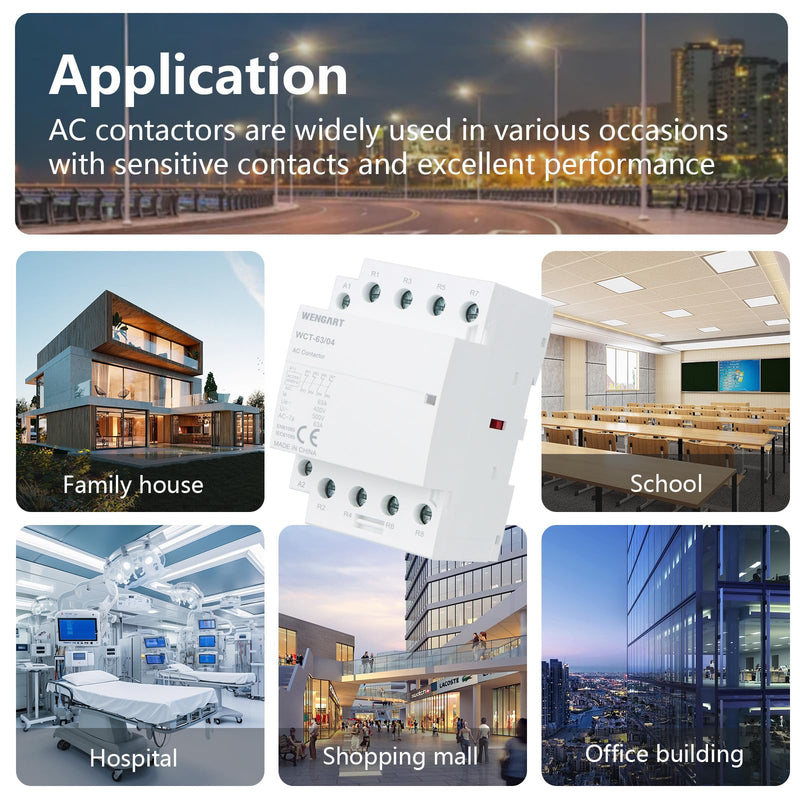 Wengart AC-Schütz WCT-63,4 Normally Closed AC230V 63A, Suitable for Household Appliances and Engine Loads, White | Fireproof ABS For smart home control cabinets. 4NC installation contactor with 2.1W standby. 230 V, 63 A, 54 mm width, DIN35