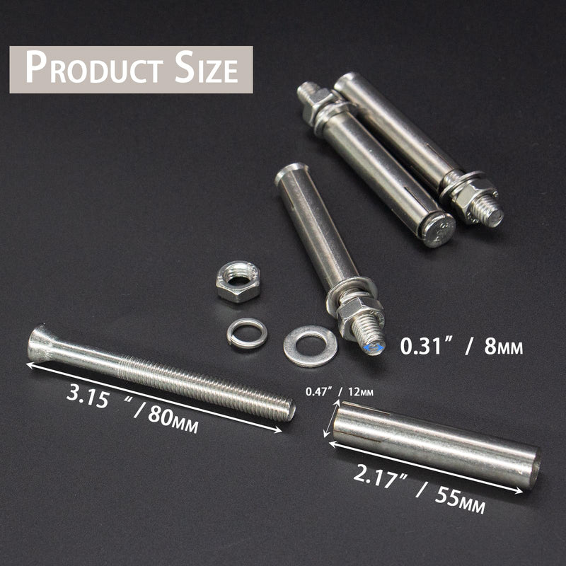 [Australia - AusPower] - 4 Pcs M8 x 80mm 304 Stainless Steel Hex Expansion Bolt, 304 Stainless Steel Expansion Screw Bolts Sleeve Anchoring Fastener Wall Concrete Brick Expansion Screw M8x80mm/4 Pcs 