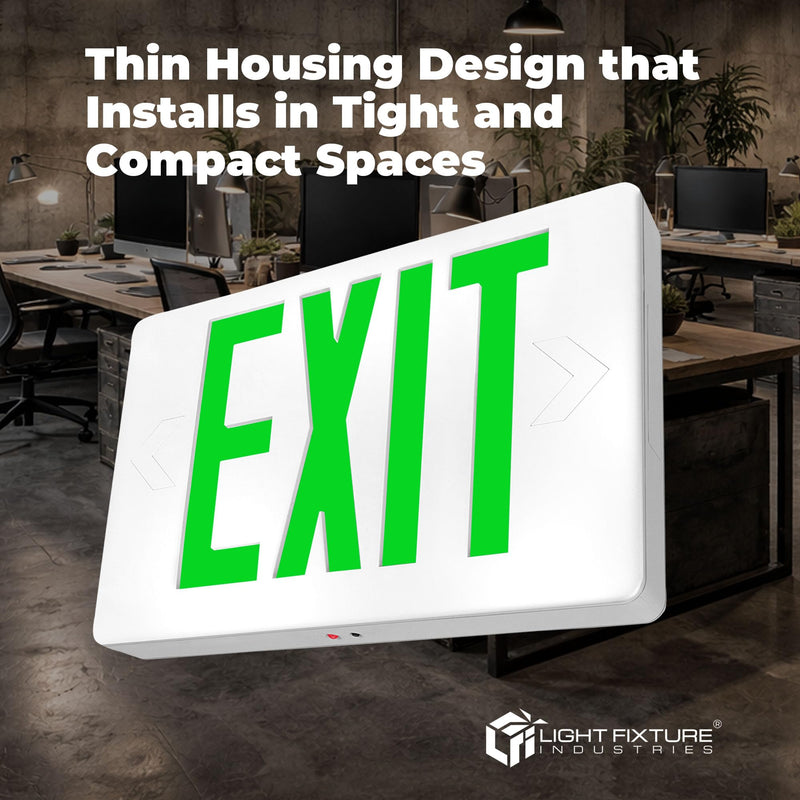 LFI Lights | Thin Green Exit Sign | All LED | White Thermoplastic Housing | Hardwired with Battery Backup | Optional Double Face and Knock Out Arrows Included | UL Listed | (1 Pack) | LEDT-G 1 Pack
