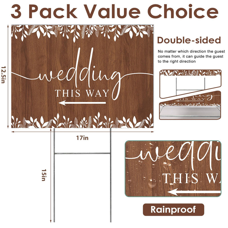 3 Pack 17''×12.5'' Wedding This Way Signs Double Sided Printed Wedding Directional Parking Sign with Stakes for Ceremony Reception Lawn Yard Arrow Signs Plastic Rainproof Party Supplies,Rustic Brown 17” x 12.5”