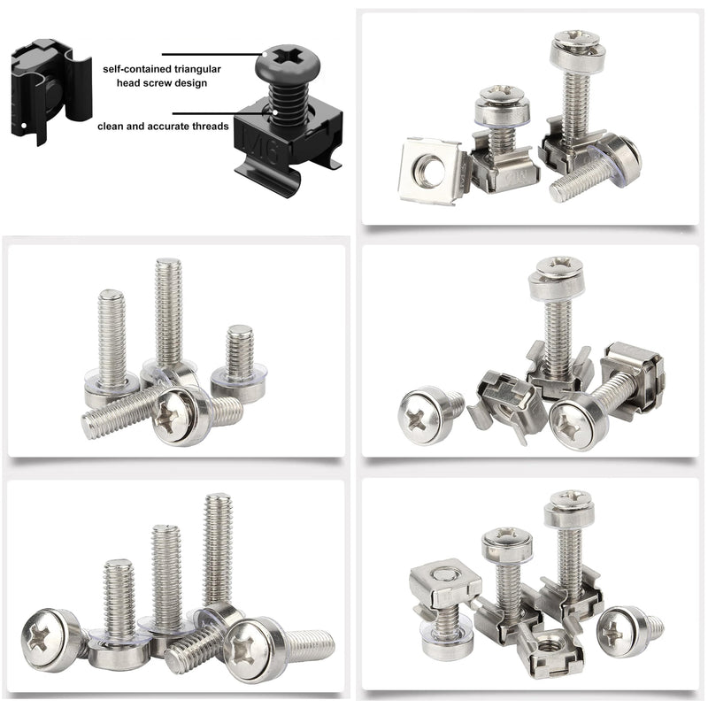 [Australia - AusPower] - 50 Pack Rack Mount Screws and Cage Nuts Assortment Kit, M6 x 16 mm Screws and Nuts Combination, with Washers, 304 Stainless Steel, (Silver) 