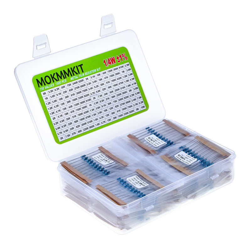 [Australia - AusPower] - 150 Values 1500 Pieces Metal Film Resistor Kit, 0 Ohm-10M Ohm, 1/4W 1% RoHS Compliant Resistors Assortment Kit, 0.25 Watt Plug-in Resistor Element Packaging 