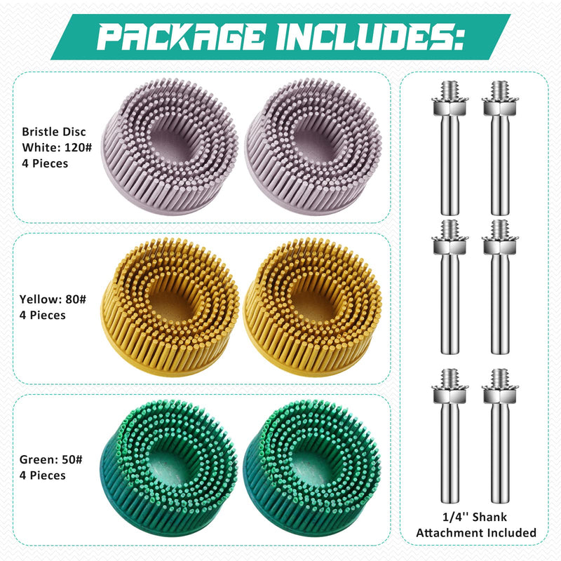 [Australia - AusPower] - 12 Pieces 2 Inch Bristle Disc Grits, 120# 80# 50# Abrasive Bristle Disc with 1/4 Inch Shank Attachment, White Green Yellow Gasket Coating Removal Disc for Metal 