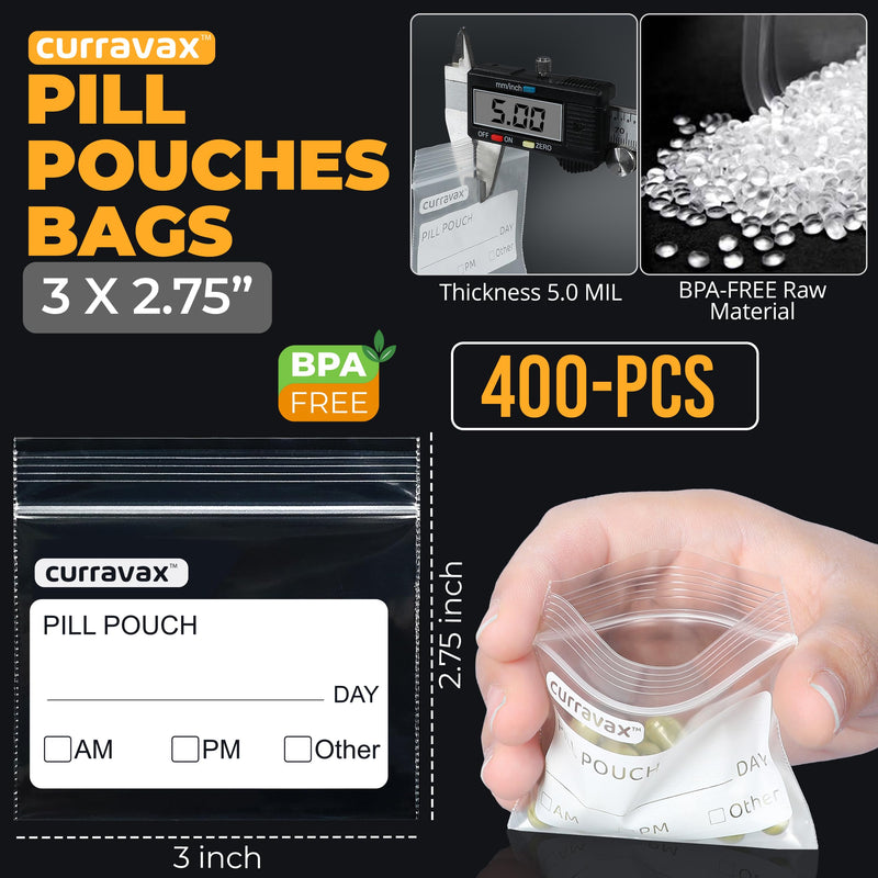 [Australia - AusPower] - Pill Bags for Travel Pack of 400 - BPA Free 3 x 2.75 inch Pill Pouch - Pill Pouches for Medicine with Write on Label –Clear Ziplock Pill Baggies for Travel Medicine Organizer 