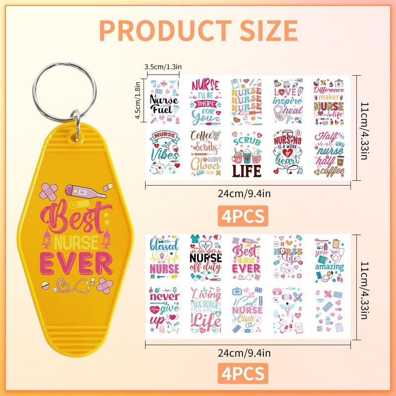 [Australia - AusPower] - UV DTF Wrap Transfer Stickers - 8 Pcs Nurse Themed UV DTF Stickers for Motel Keychains, Stethoscope Medicine Coffee Design Hotel Key Chain, Waterproof Decals(80 small pcs) 