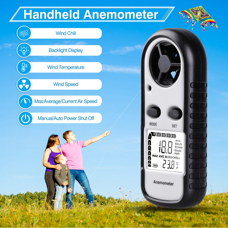 Digital Anemometer Wind Speed Meter, Wind Gauges Air Flow Velocity Meter for Measuring Wind Chill Temperature Speed, Wind Meter Thermometer Gauge for Shooting Windsurfing Fishing Hunting